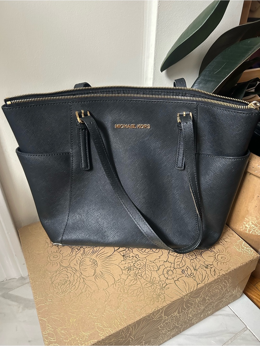 Michael Kors Black Saffiano Leather Zip-Top Tote with Gold Hardware